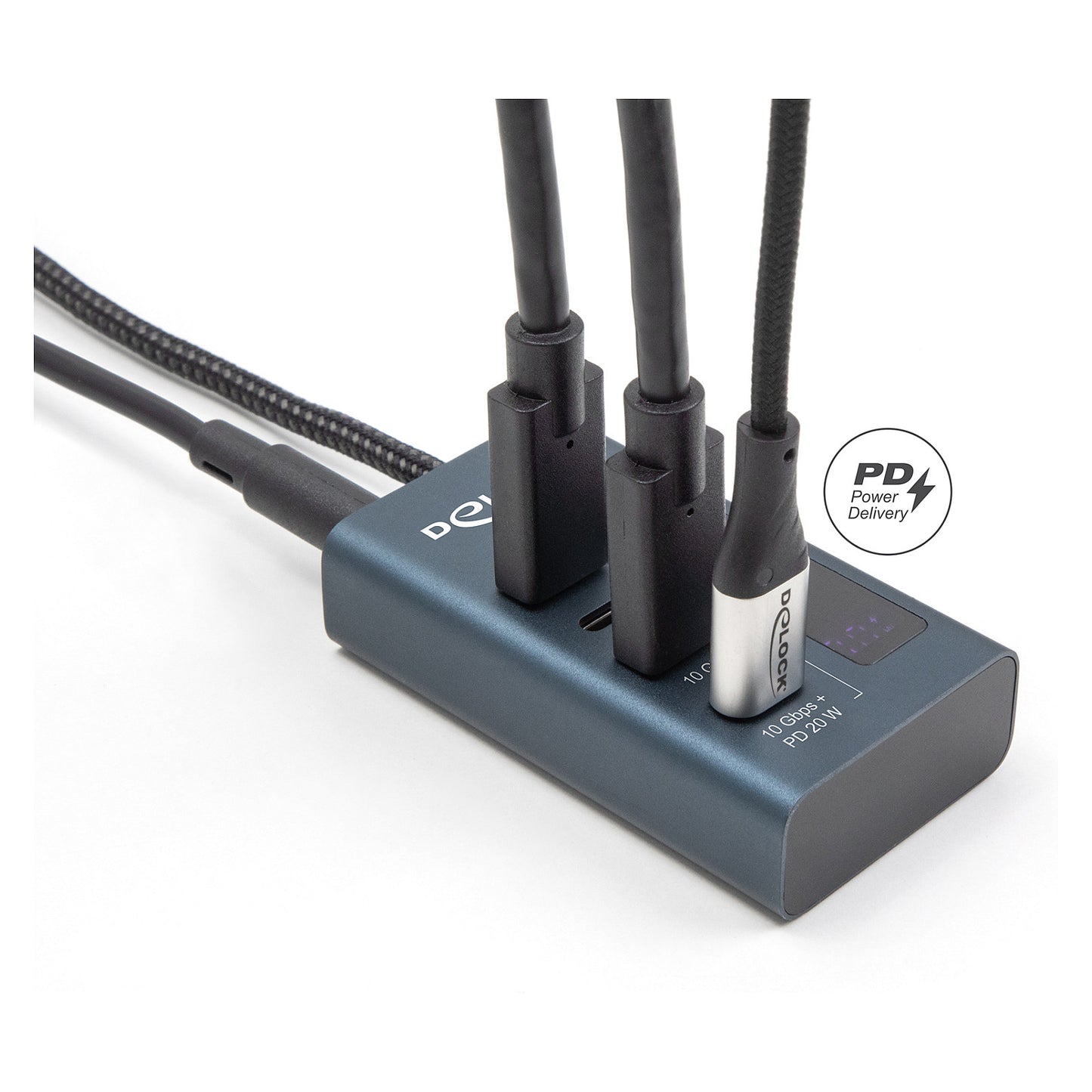 DELOCK USB 10 Gbps Hub mit 4 USB Type-C Ports davon 3 x Datenport + 1 x Daten und PD 20 Watt mit Leistungsanzeige