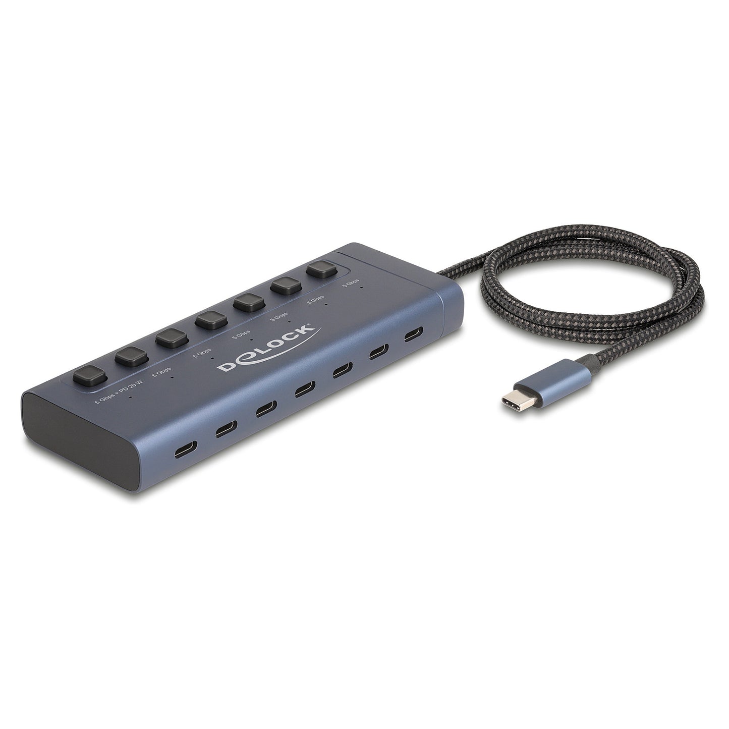 DELOCK USB 5 Gbps Hub mit 7 USB Type-C Ports mit Schalter davon 6 x Datenport + 1 x Daten / und PD 20 Watt