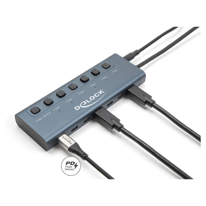 DELOCK USB 5 Gbps Hub mit 7 USB Type-C Ports mit Schalter davon 6 x Datenport + 1 x Daten / und PD 20 Watt