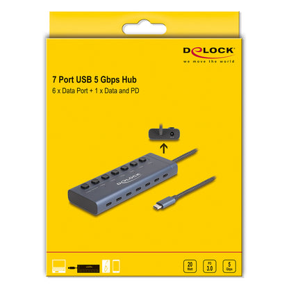 DELOCK USB 5 Gbps Hub mit 7 USB Type-C Ports mit Schalter davon 6 x Datenport + 1 x Daten / und PD 20 Watt