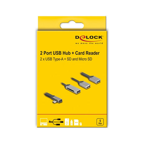 DELOCK 2 Port USB Hub inklusive SD und Micro SD Card Reader mit USB Type-C Anschluss
