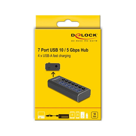 7 Port USB Hub mit 3 Ports 10 Gbps und 4 Schnellladeports 5 Gbps mit Schalter und Beleuchtung