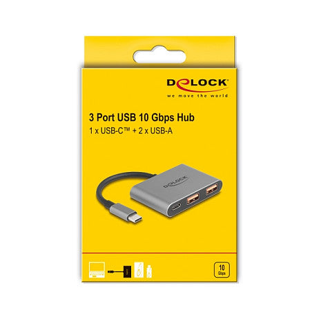 DELOCK 3 Port USB Hub 10 Gbps mit USB Type-C zu 1 x USB Type-C + 2 x USB Typ-A