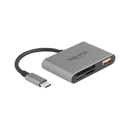 DELOCK USB-C Card Reader fur SD und Micro SD Speicherkarten + USB 10 Gbps Typ-A Port und USB Type-C PD 2.0 85 W