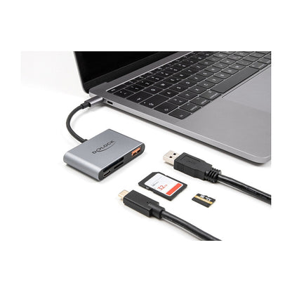 DELOCK USB-C Card Reader fur SD und Micro SD Speicherkarten + USB 10 Gbps Typ-A Port und USB Type-C PD 2.0 85 W