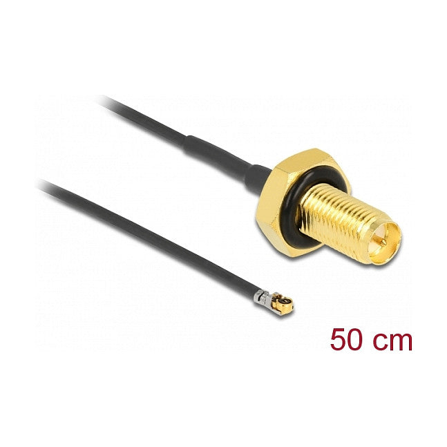 DELOCK Antennenkabel RP-SMA Buchse zum Einbau zu MHF 4L LK Stecker 1.37 50cm Gewindelnge 10mm spritzwassergeschtzt
