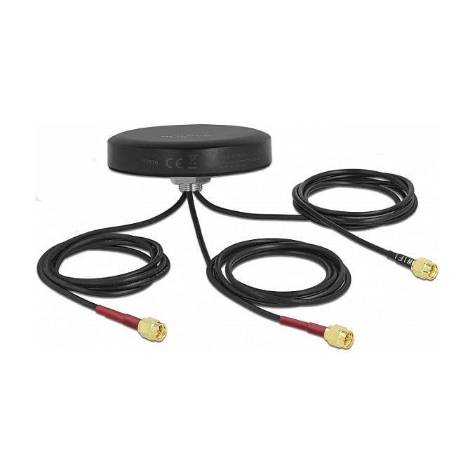DELOCK LTE MIMO Dualband WLAN 802.11 ac/ax/a/h/b/g/n Antenne 3 x SMA Stecker RG-174 1 m Schraubmontage outdoor schwarz