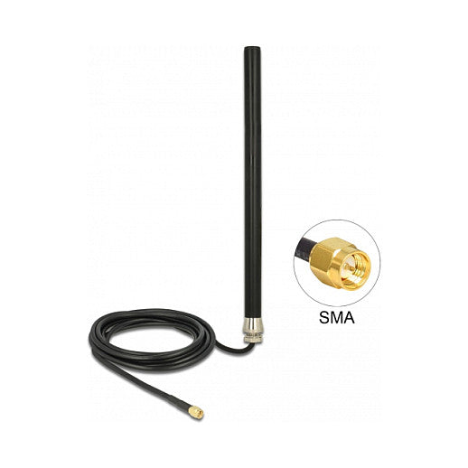 DELOCK LTE UMTS GSM Antenne SMA Stecker 3 dBi omnidirektional starr mit Anschlusskabel RG-58 3m Wandmontage outdoor schwarz