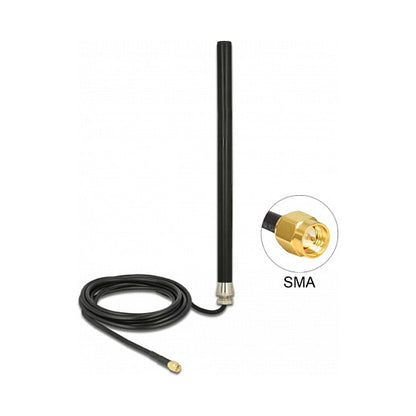 DELOCK LTE UMTS GSM Antenne SMA Stecker 3 dBi omnidirektional starr mit Anschlusskabel RG-58 3m Wandmontage outdoor schwarz