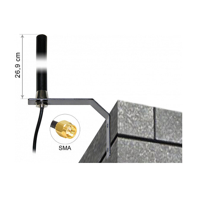 DELOCK LTE UMTS GSM Antenne SMA Stecker 3 dBi omnidirektional starr mit Anschlusskabel RG-58 3m Wandmontage outdoor schwarz