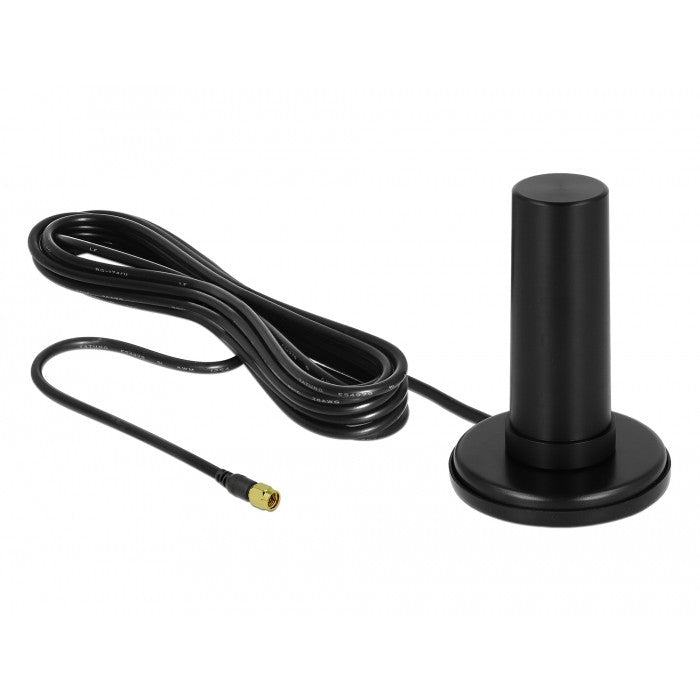 DELOCK 5G LTE Antenne SMA Stecker 0-3dBi star omnidirektional mit magnetischem Standfuss und Anschlusskabel RF195 3m outdoor schwarz
