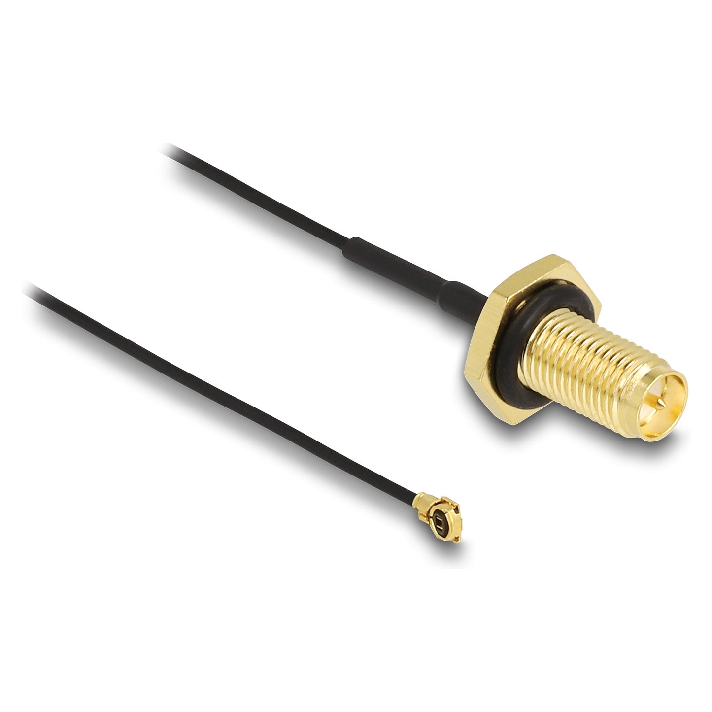 DELOCK Antennenkabel RP-SMA Buchse zum Einbau zu MHF I Stecker 1.13 35cm Gewindelnge 10mm spritzwassergeschutzt