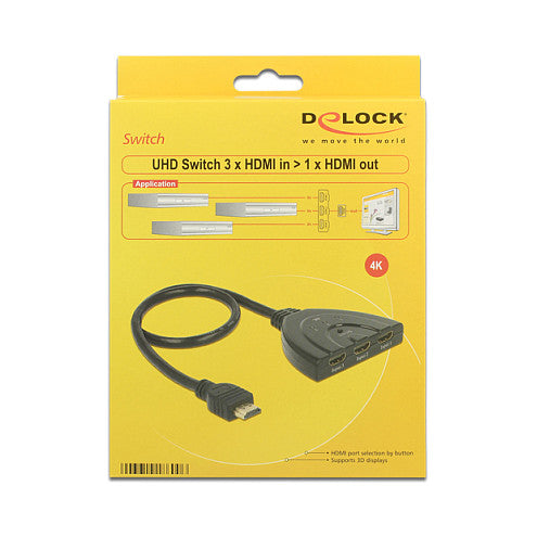 DELOCK HDMI UHD Switch 3 x HDMI in > 1 x HDMI out 4K mit integriertem Kabel 50 cm