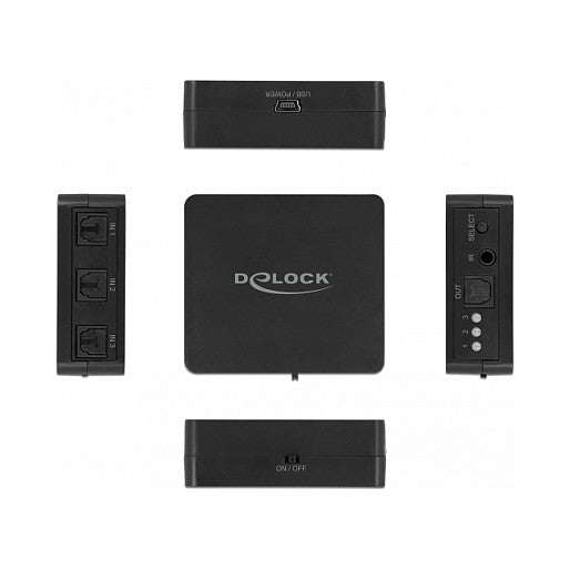 DELOCK S/PDIF TOSLINK Switch 3 In 1 Out mit IR-Fernbedienung und USB Stromversorgung