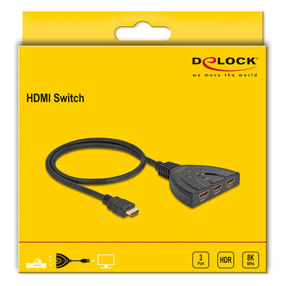 DELOCK HDMI Switch 3 x HDMI in zu 1 x HDMI out 8K 60 Hz mit integriertem Kabel 60cm
