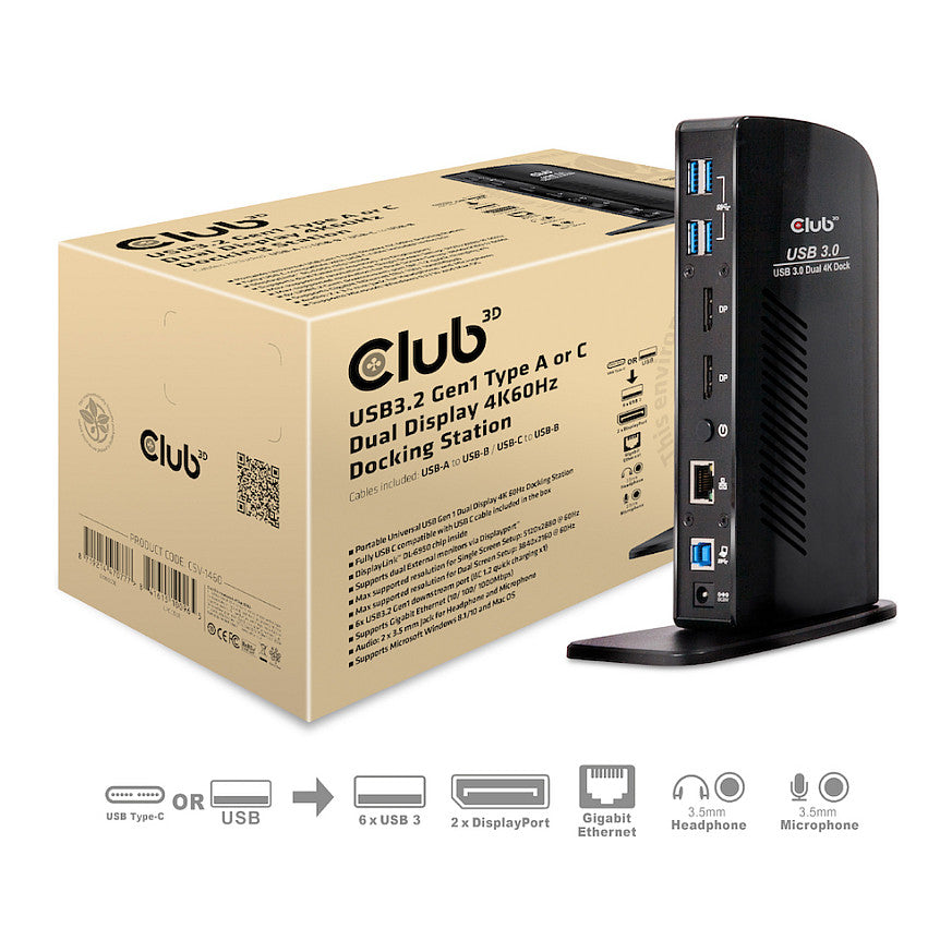 Club3D 4K Dockingstation 60Hz USB3 ->6xUSB3/2xDP/LAN/Audio black