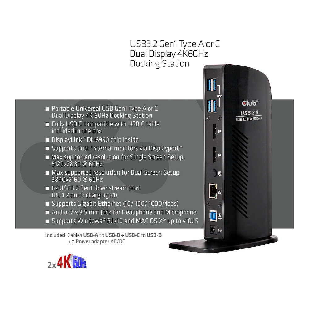 Club3D 4K Dockingstation 60Hz USB3 ->6xUSB3/2xDP/LAN/Audio black