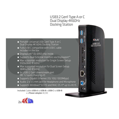 Club3D 4K Dockingstation 60Hz USB3 ->6xUSB3/2xDP/LAN/Audio black