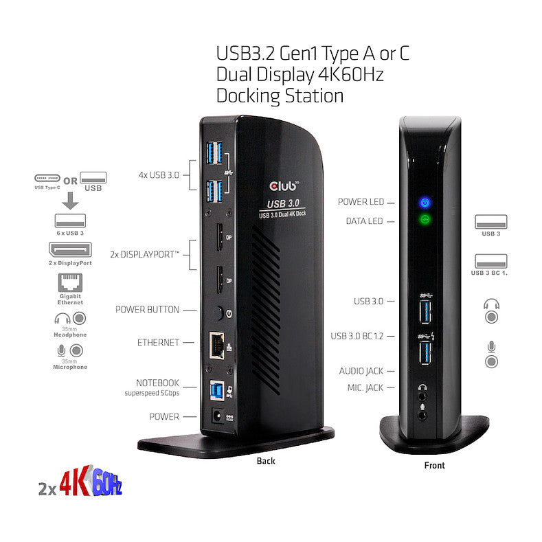 Club3D 4K Dockingstation 60Hz USB3 ->6xUSB3/2xDP/LAN/Audio black