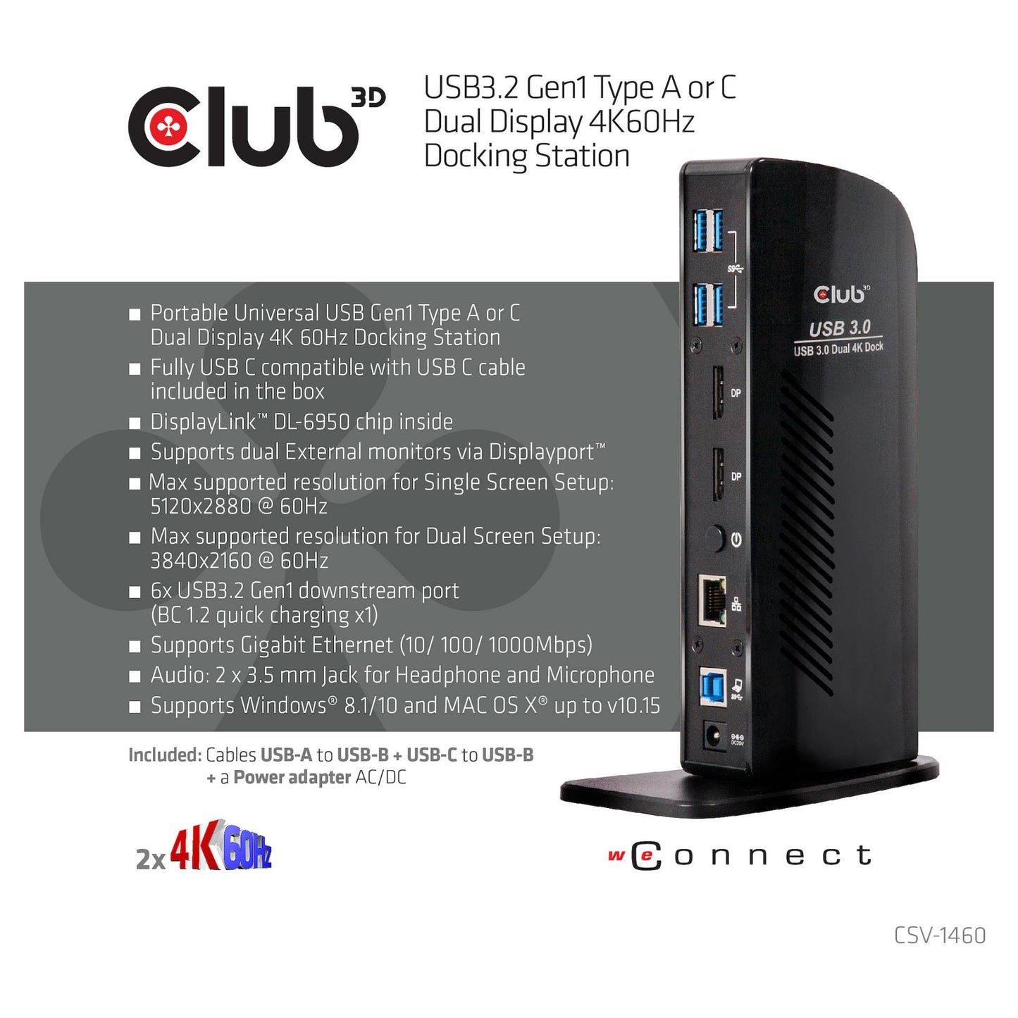 Club3D 4K Dockingstation 60Hz USB3 ->6xUSB3/2xDP/LAN/Audio black