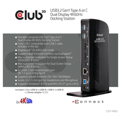 Club3D 4K Dockingstation 60Hz USB3 ->6xUSB3/2xDP/LAN/Audio black