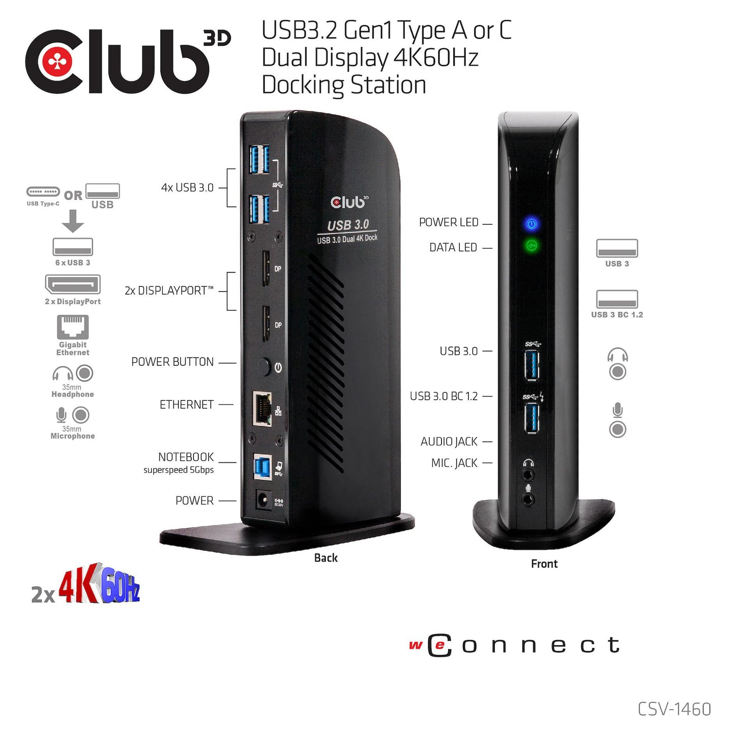 Club3D 4K Dockingstation 60Hz USB3 ->6xUSB3/2xDP/LAN/Audio black