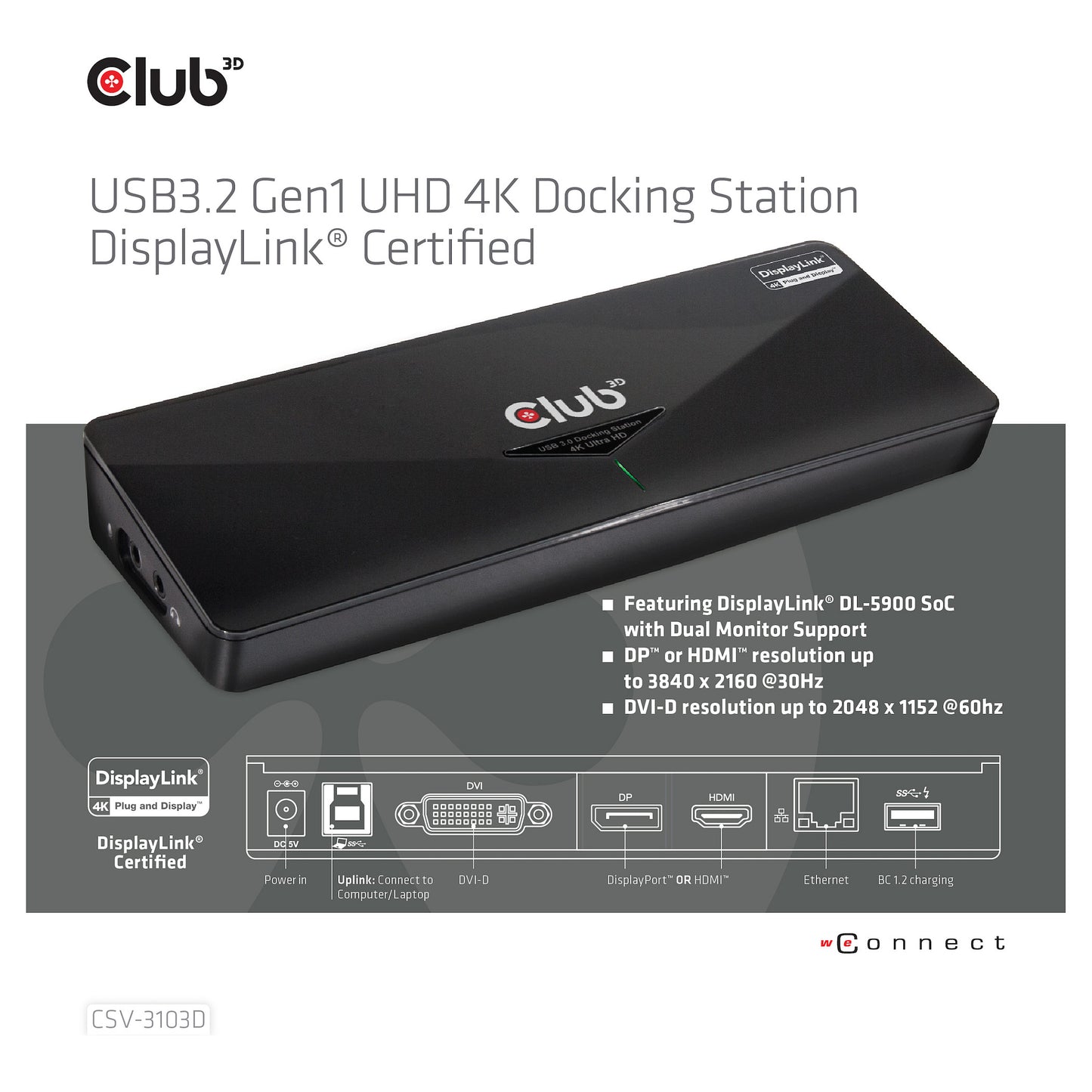 Club3D 4K Dockingstation USB3 ->3xUSB3/HDMI/DP/DVI/ black