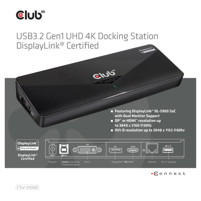 Club3D 4K Dockingstation USB3 ->3xUSB3/HDMI/DP/DVI/ black