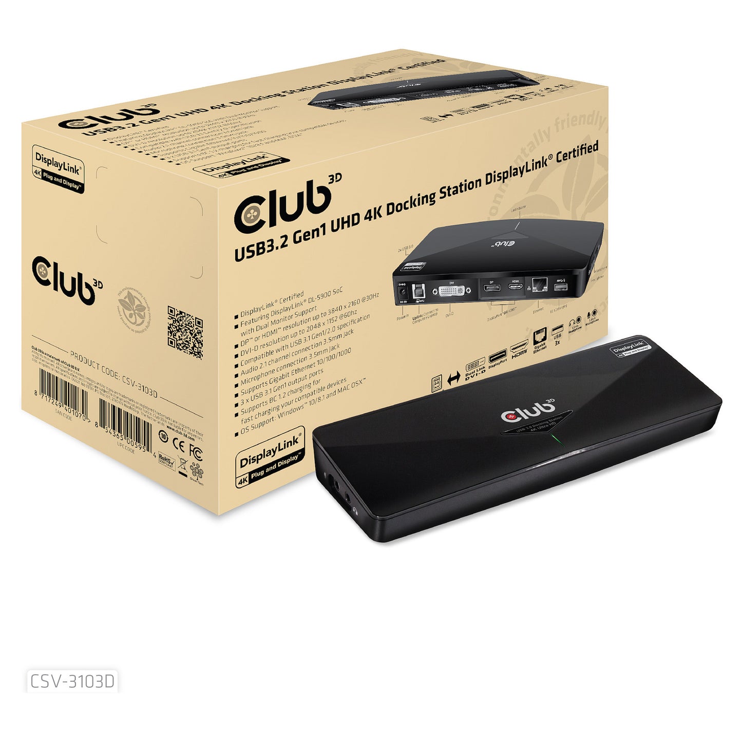 Club3D 4K Dockingstation USB3 ->3xUSB3/HDMI/DP/DVI/ black