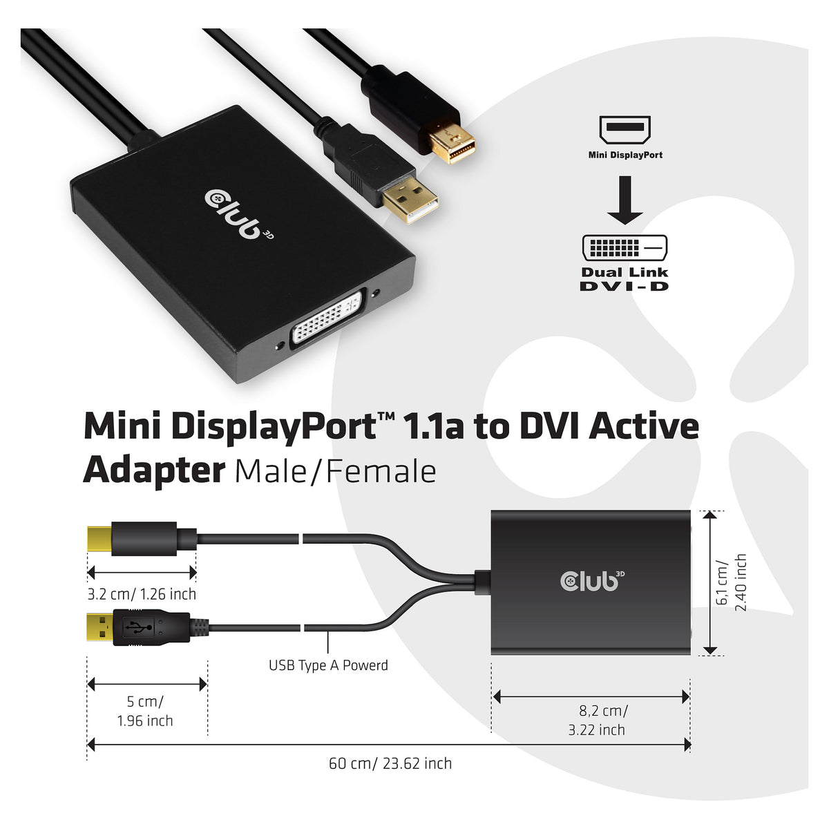 Club3D Adapter MiniDisplayport > DVI-D (Active Dual) St/Bu retail
