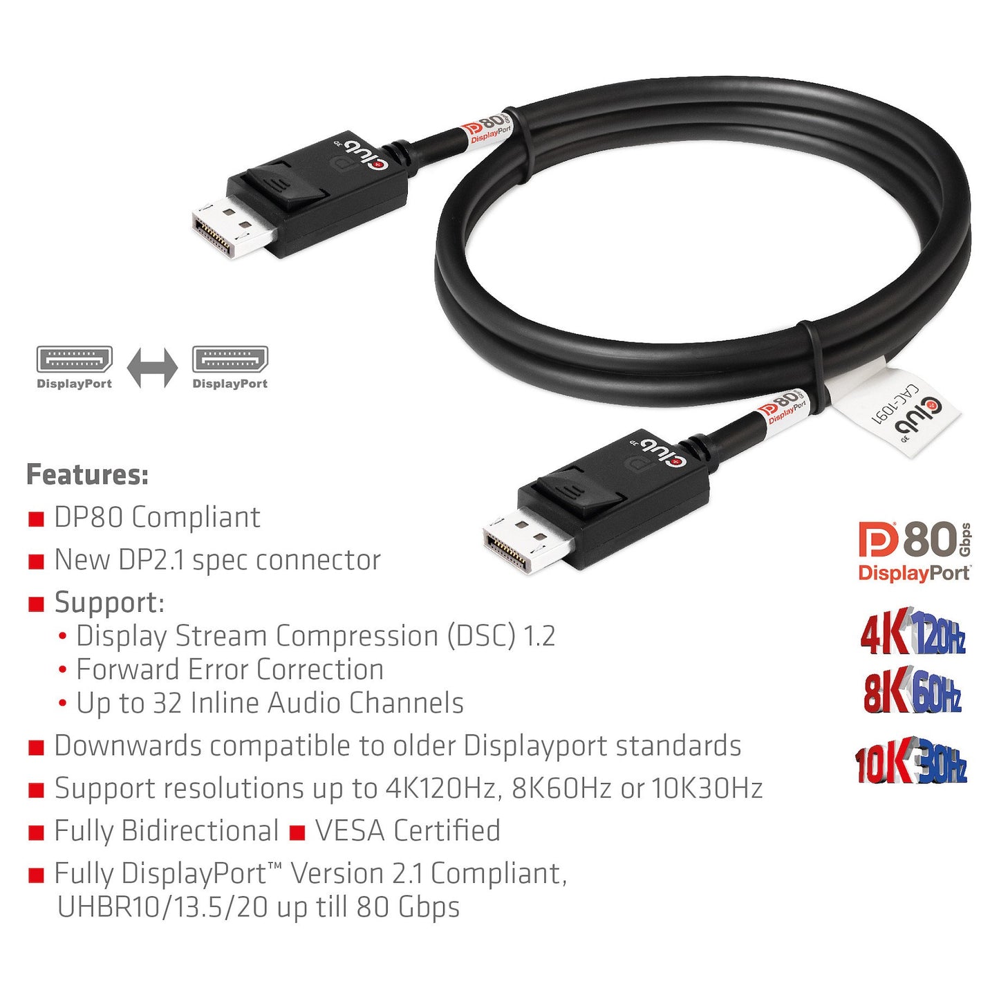 Club3D DP-Kabel 2.1 DP80 zertifiziert 1.2m 10K/8K/4K St/St retail