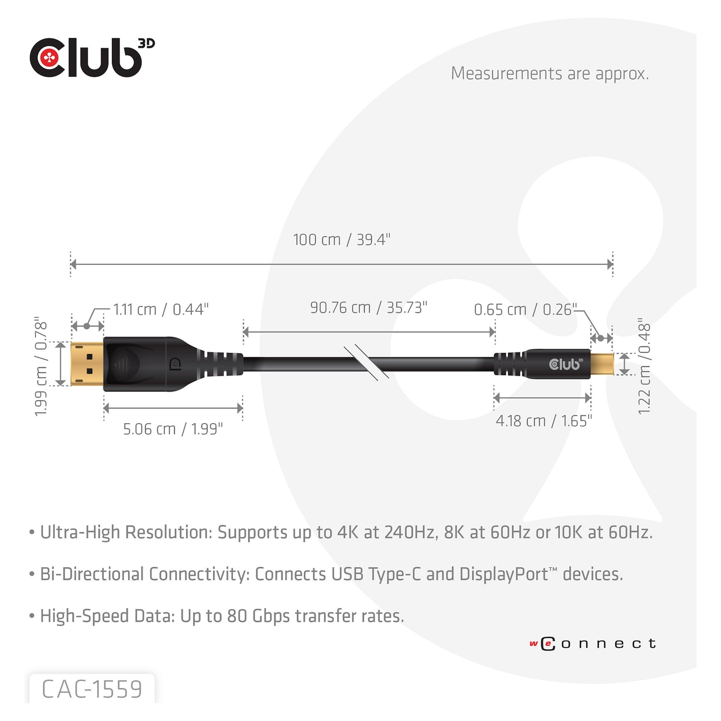 Club3D Kabel USB Typ C <-> DP 2.1 1m 10K60Hz St/St