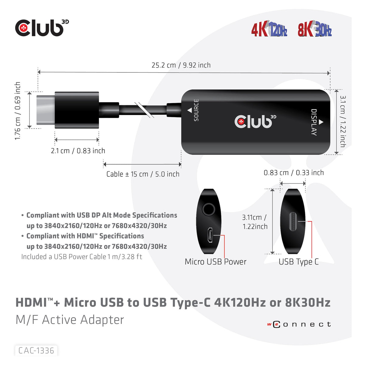 Club3D Adapter HDMI + MicroUSB > USB-C 4K120Hz aktiv St/Bu