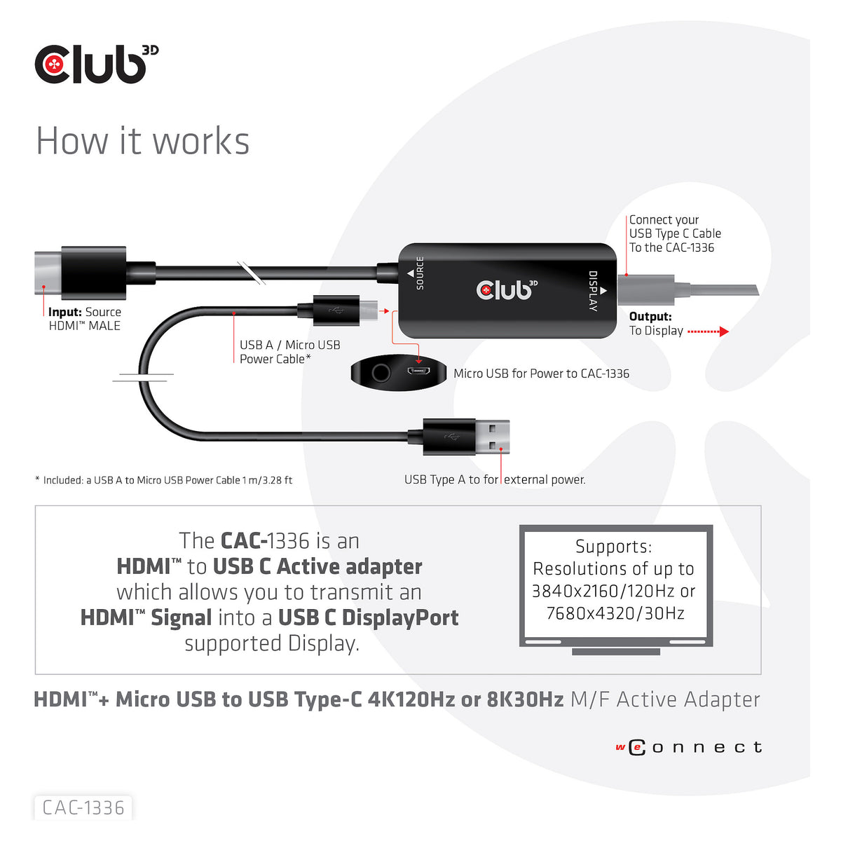 Club3D Adapter HDMI + MicroUSB > USB-C 4K120Hz aktiv St/Bu