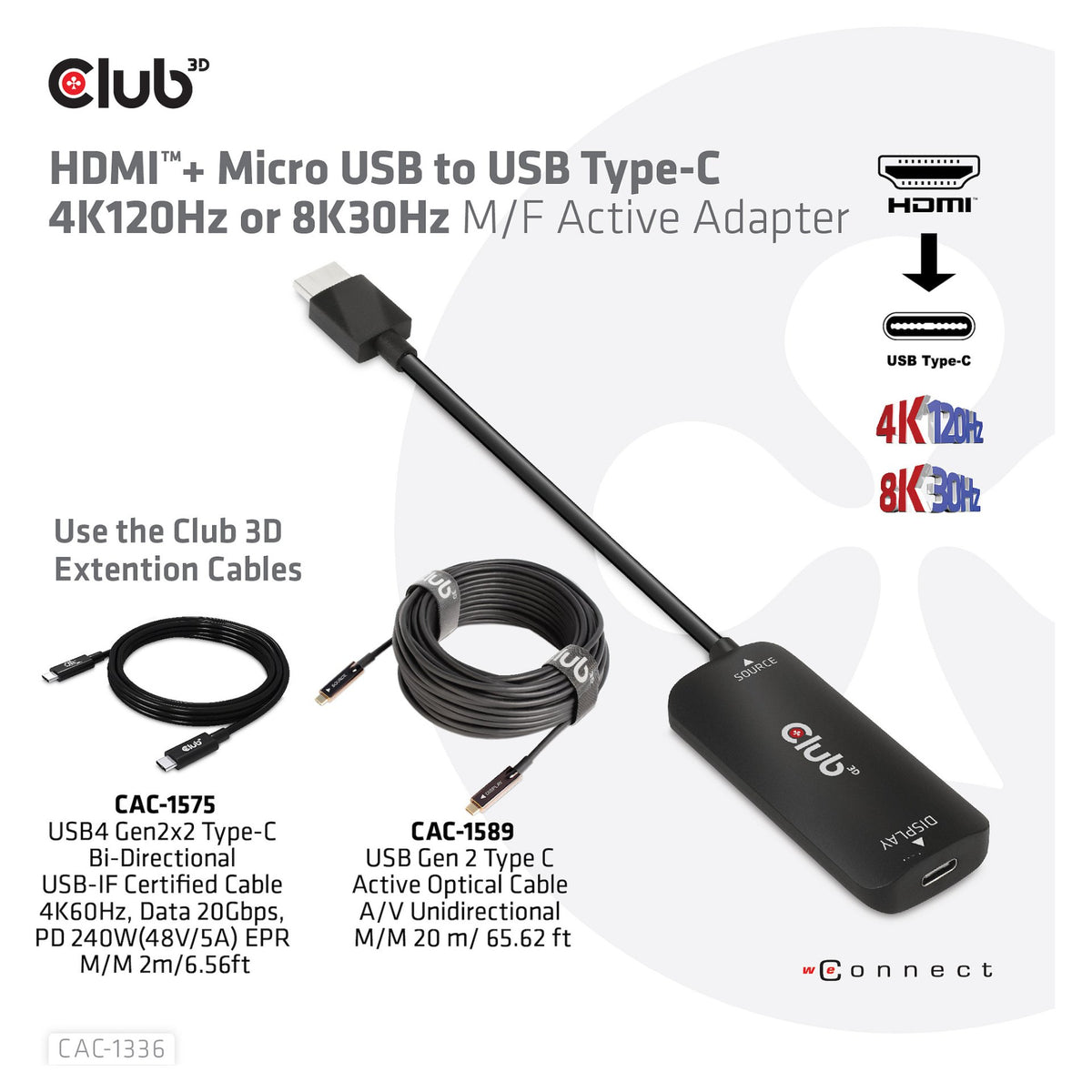 Club3D Adapter HDMI + MicroUSB > USB-C 4K120Hz aktiv St/Bu