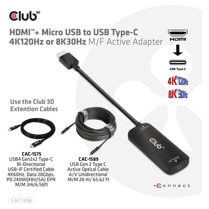 Club3D Adapter HDMI + MicroUSB > USB-C 4K120Hz aktiv St/Bu