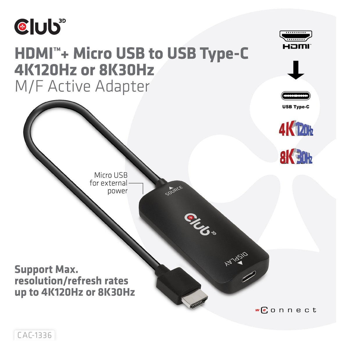 Club3D Adapter HDMI + MicroUSB > USB-C 4K120Hz aktiv St/Bu