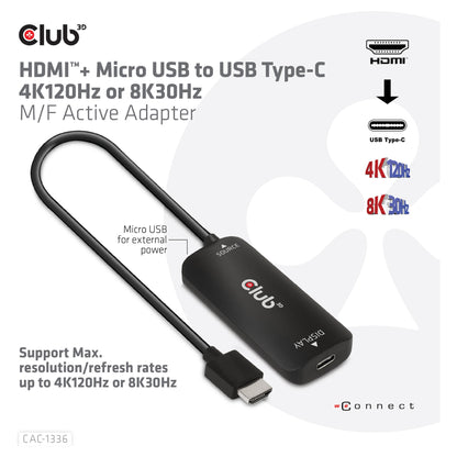 Club3D Adapter HDMI + MicroUSB > USB-C 4K120Hz aktiv St/Bu