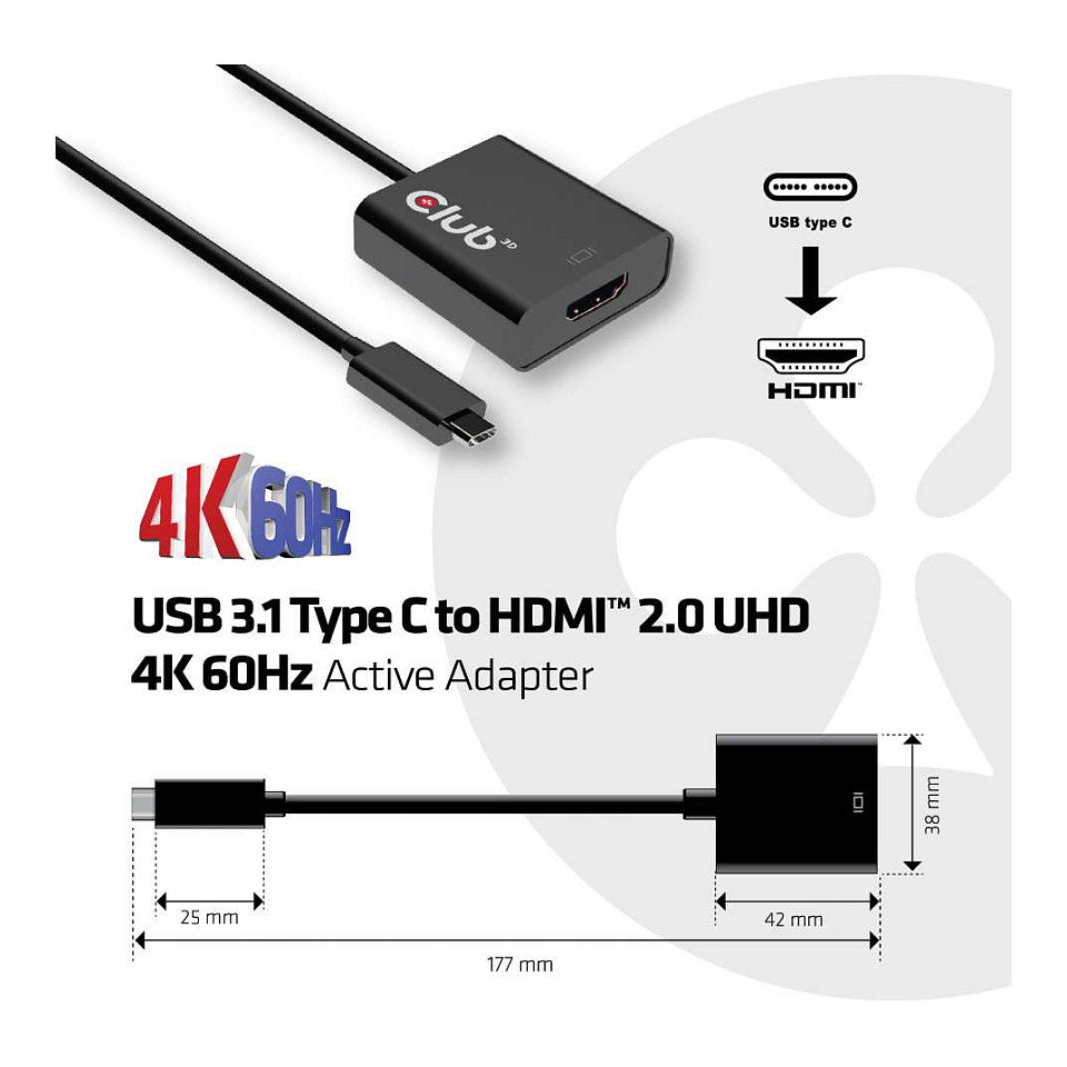 Club3D Adapter USB 3.1 Typ C > HDMI 2.0 UHD HDR aktiv St/Bu