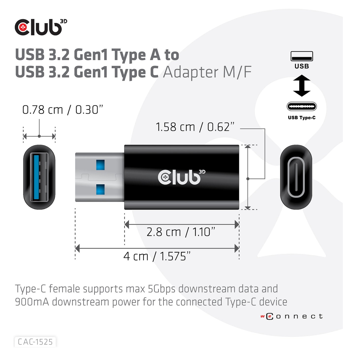 Club3D Adapter USB 3.2 Typ A <> USB 3.2 Typ C St/Bu
