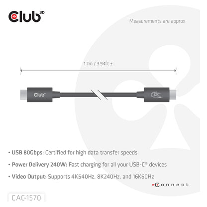 Club3D Kabel USB-C 80Gbps zertifi. PD240W/8K240Hz 1.2m St/St
