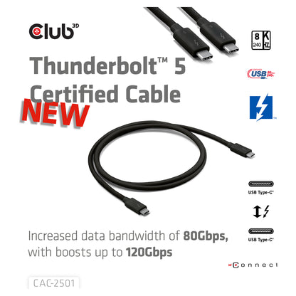 Club3D Kabel Thunderbolt5 zertifi. 8K240Hz/ 80/120Gbps 1m