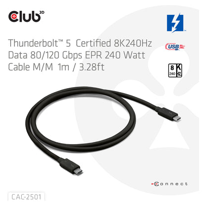 Club3D Kabel Thunderbolt5 zertifi. 8K240Hz/ 80/120Gbps 1m