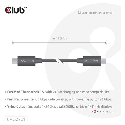 Club3D Kabel Thunderbolt5 zertifi. 8K240Hz/ 80/120Gbps 1m