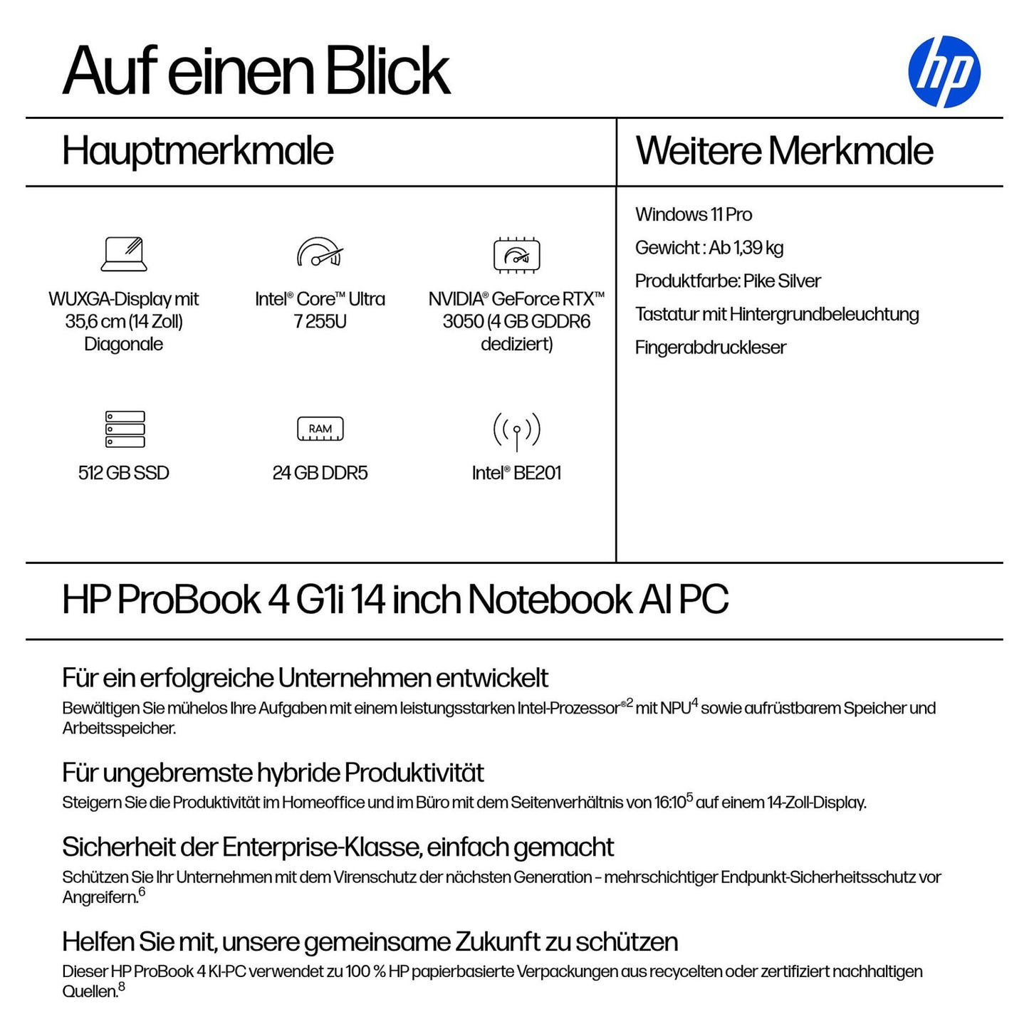 HP ProBook 4 G1i 14 Intel Core Ultra 7 255U 35.56cm 14Zoll WUXGA 24GB 512GB/SSD W11P SmartBuy 1J Gar (DE)
