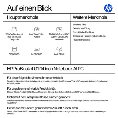 HP ProBook 4 G1i 14 Intel Core Ultra 7 255U 35.56cm 14Zoll WUXGA 24GB 512GB/SSD W11P SmartBuy 1J Gar (DE)