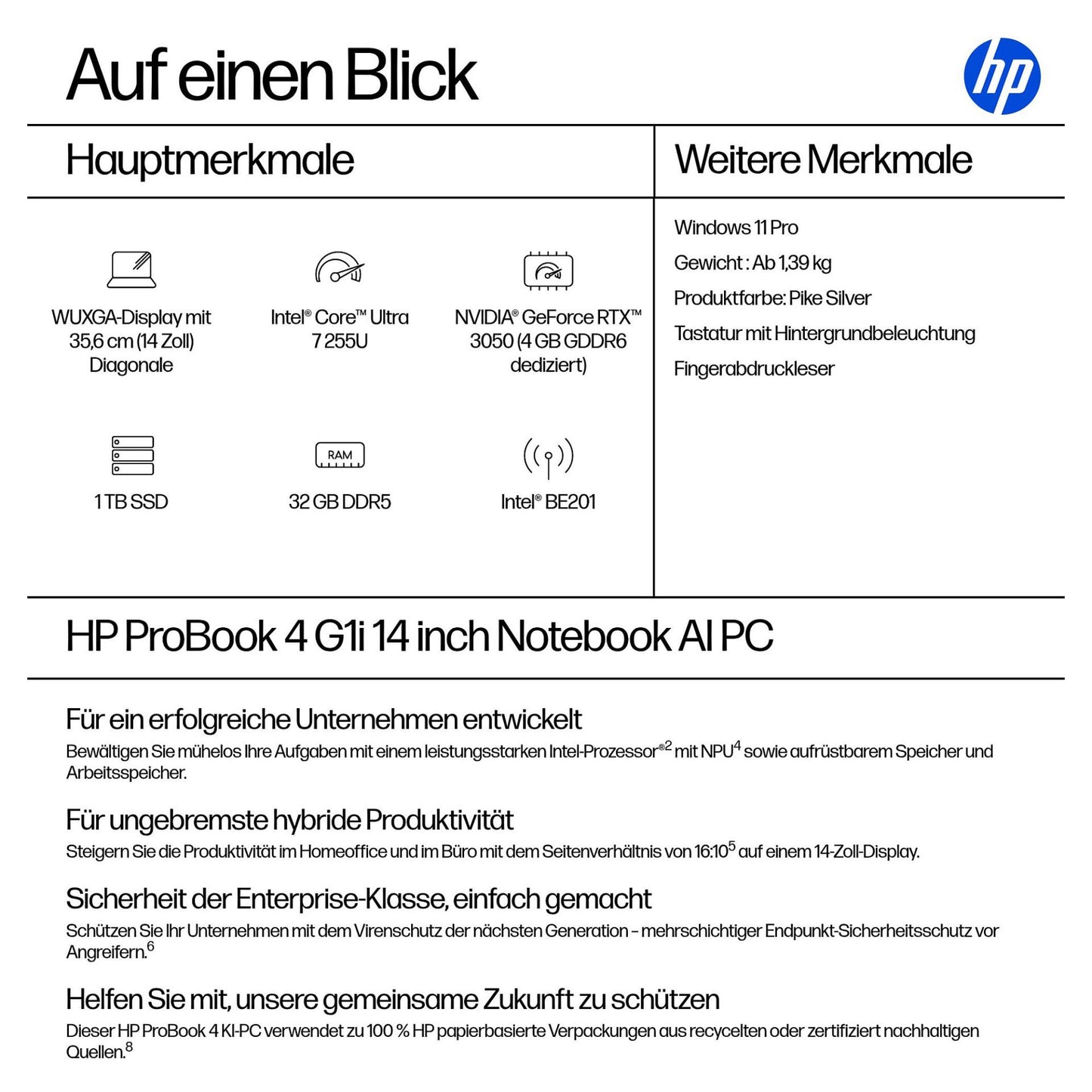 HP ProBook 4 G1i 14 Intel Core Ultra 7 255U 35.56cm 14Zoll WUXGA 32GB 1TB/SSD W11P SmartBuy 1J Gar (DE)