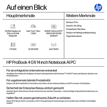 HP ProBook 4 G1i 14 Intel Core Ultra 7 255U 35.56cm 14Zoll WUXGA 32GB 1TB/SSD W11P SmartBuy 1J Gar (DE)
