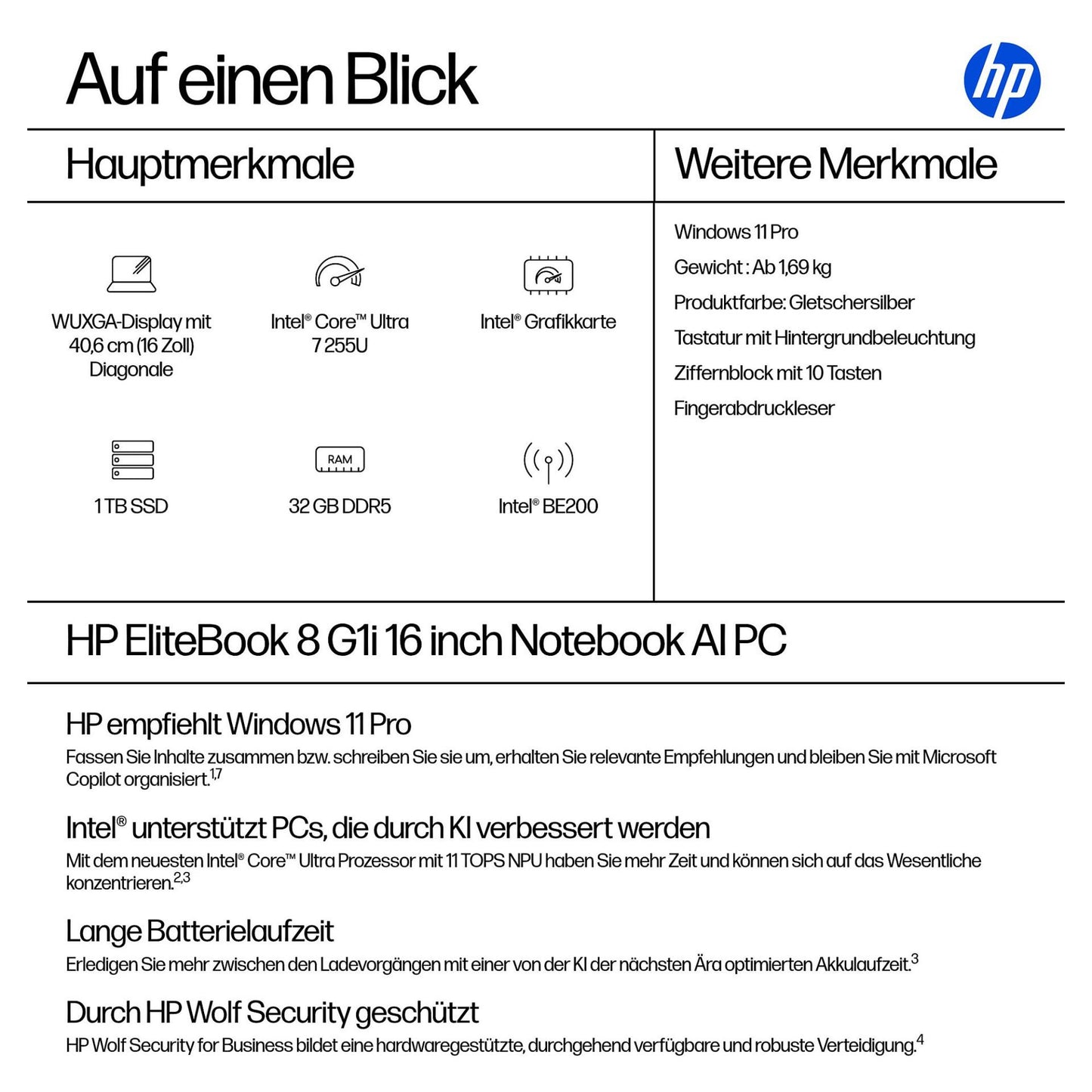 HP EliteBook 8 G1i Intel® Core™ Ultra 7 255U WUXGA 32GB/1TB/SSD W11P SmartBuy 3J Gar (DE)