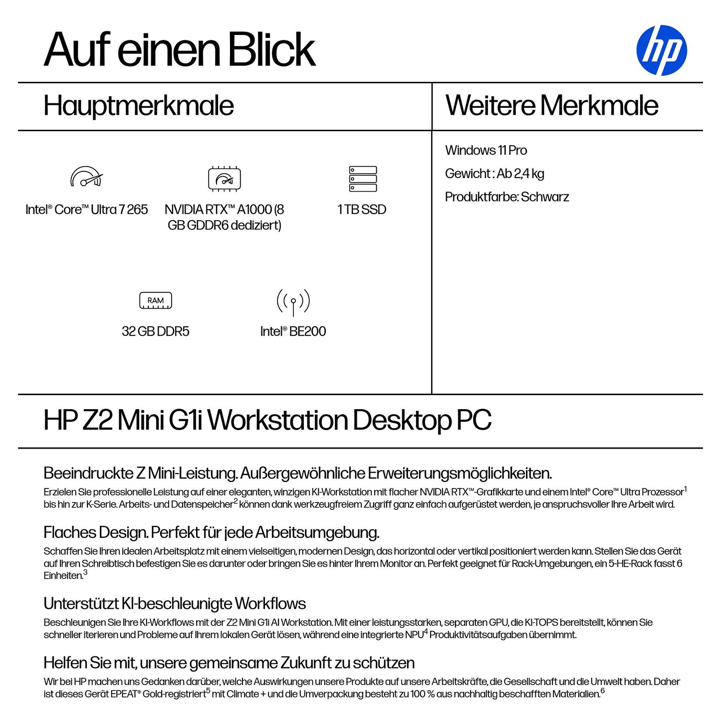 HP Z2 Mini G1i Intel Core Ultra 7 265 32GB 1TB/SSD NVIDIA RTX A1000 8GB W11P 3J Gar (DE)